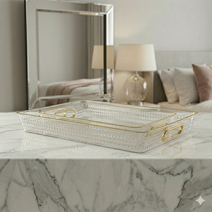 SET DE 2 Bandejas Rectangulares Transparentes con Bordes Dorados – Asa Dorada Elegante – Plástico Reforzado