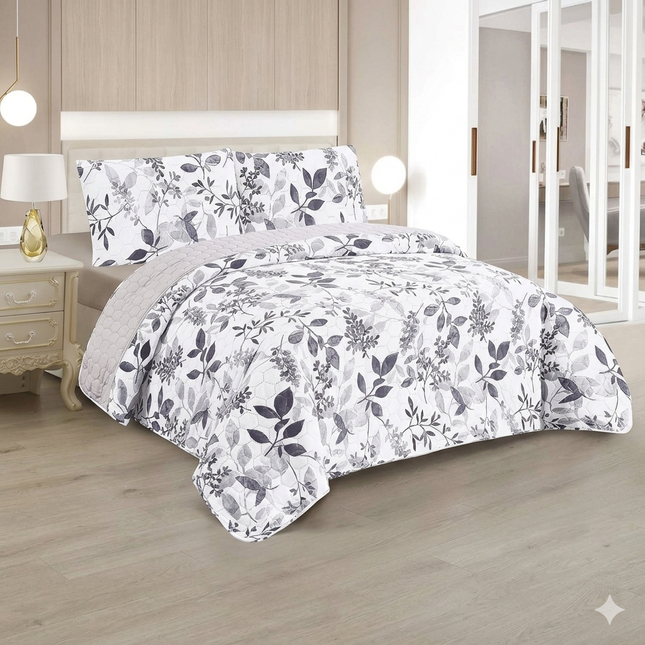 Colcha Boutis para Primavera e Verão Bicolor Reversível Liso - COR FOLHAS CINZA