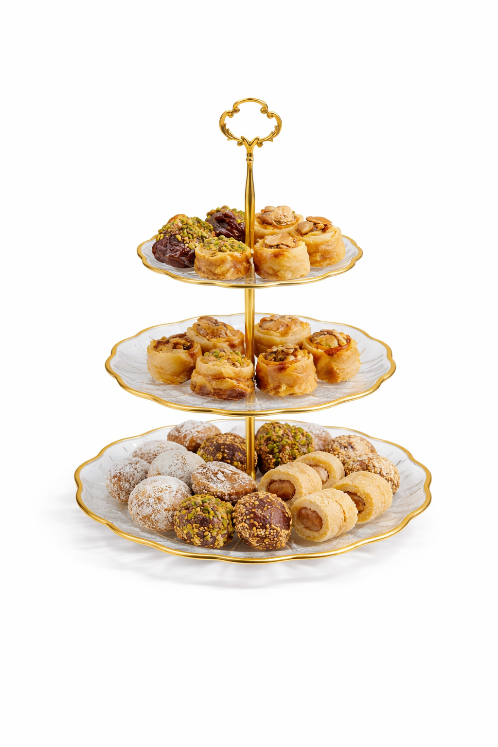 Suporte para sobremesas de 3 andares – Vidro com detalhes dourados