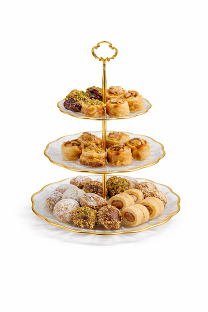 Suporte para sobremesas de 3 andares – Vidro com detalhes dourados