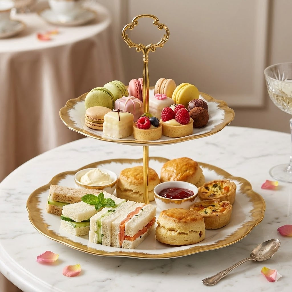 Soporte de 2 Pisos para Dulces y Aperitivos 🍰✨ Porcelana Blanca con Borde Dorado