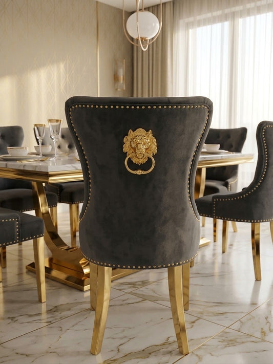 ✨ Silla MODELO leon tapizada gris oscuro con acabado dorado– Elegancia moderna para tu hogar ✨