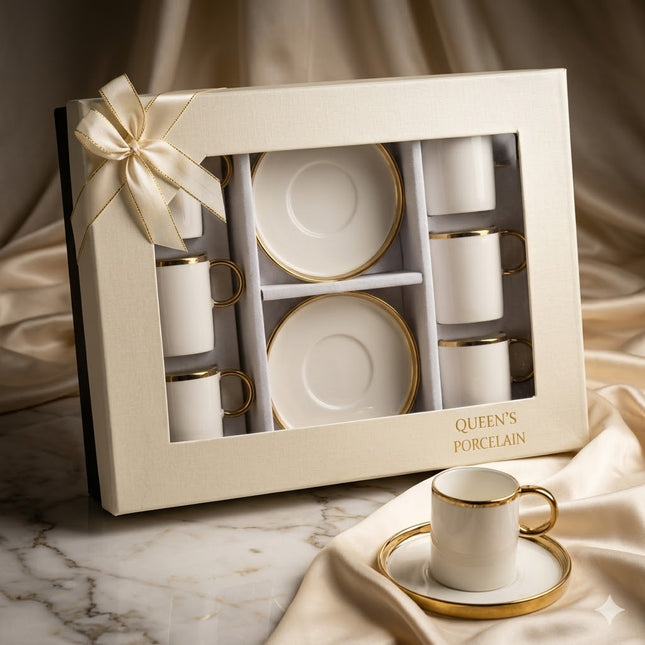 Set de 6 Tazas de Porcelana Blanca con Borde Dorado y Platillo - Queen's Porcelain