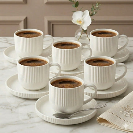 Set de 6 Tazas de Porcelana con 6 Platillos – Diseño Acanalado Elegante