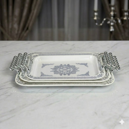Set x3 Bandejas de Plástico con Asas Plateadas – Presentación Elegante