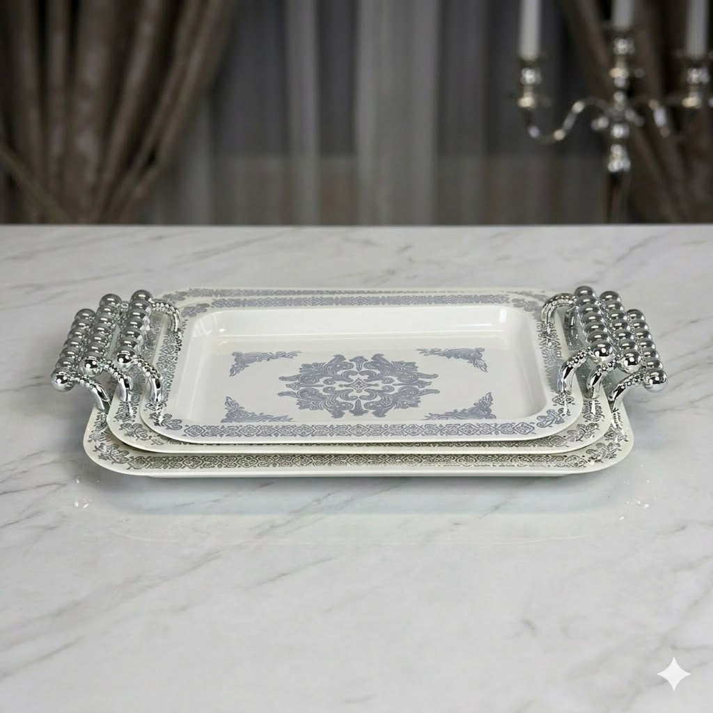 Set x3 Bandejas de Plástico con Asas Plateadas – Presentación Elegante