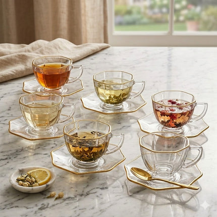Set of 6 Crystal Cups with Saucers – Classic and Elegant Design