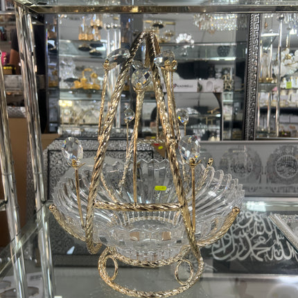 Frutero de Cristal con Asa Dorada y Detalles Decorativos – 28 cm