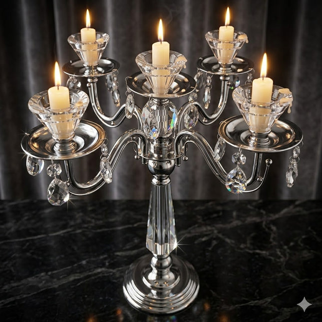 Castiçal em cristal prateado para 5 velas – Centro de mesa luxuoso
