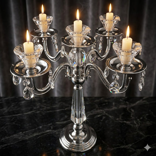 Castiçal em cristal prateado para 5 velas – Centro de mesa luxuoso