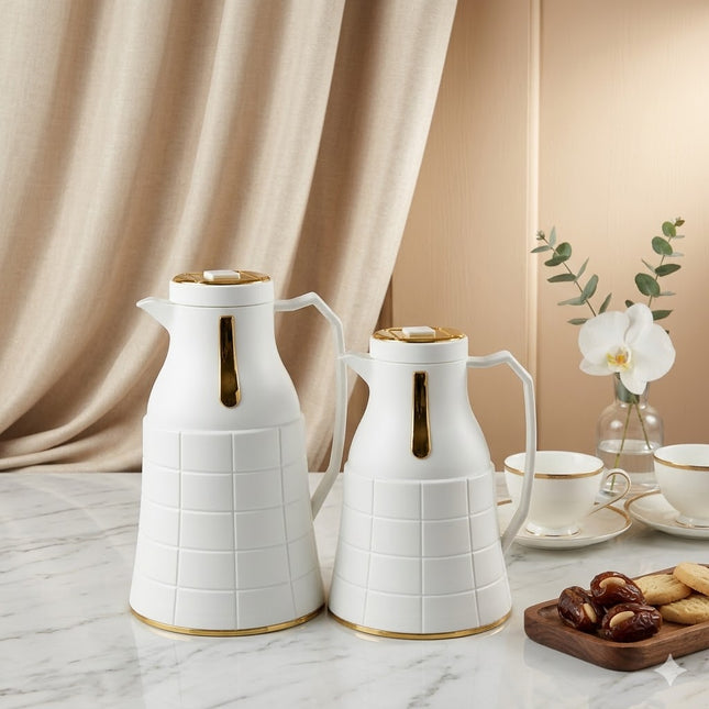 Set de 2 Termos Nara 1L + 0,6L con Diseño Cuadrado y Detalles Dorados - COLOR BLANCO