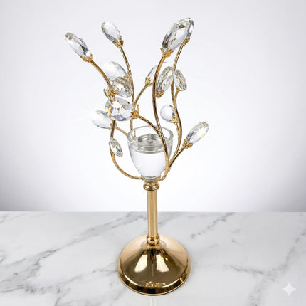 Elegante castiçal em cristal e metal dourado com design floral – 28 cm