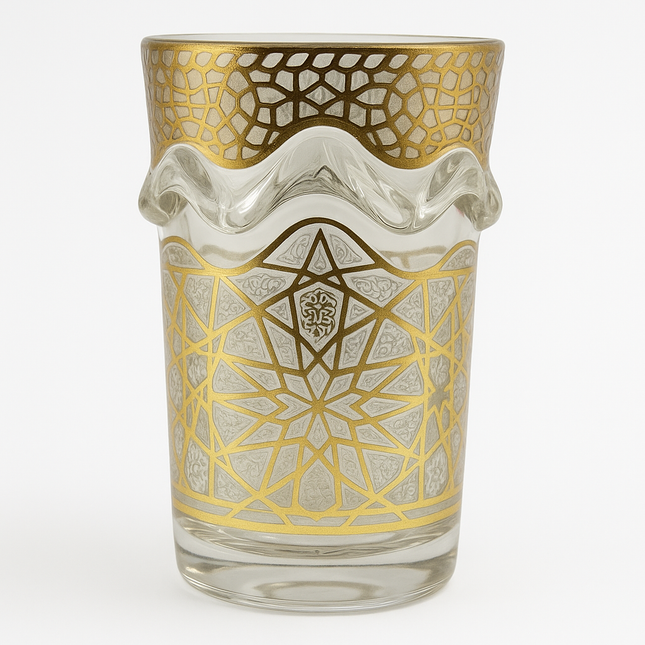 Chávena de vidro decorada para chá árabe - Estilo elegante em branco e dourado