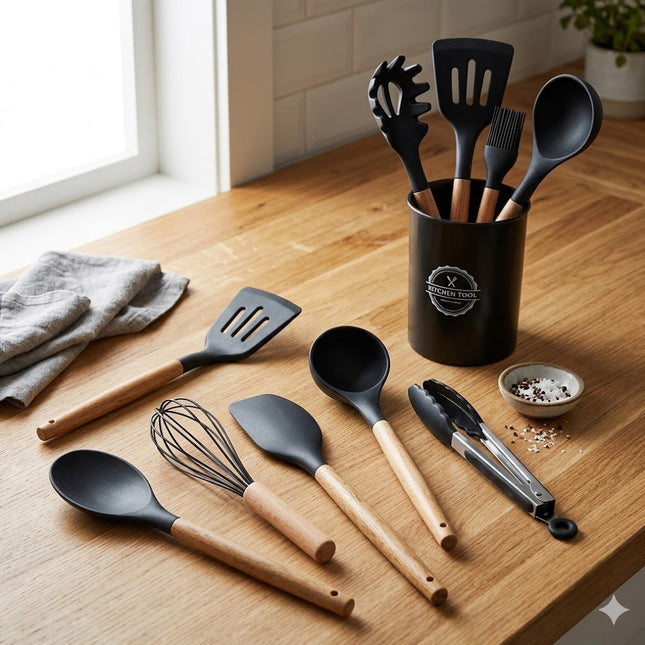 Set de 10 Utensilios de Cocina Lina con Soporte, Silicona Negra y Mango Madera