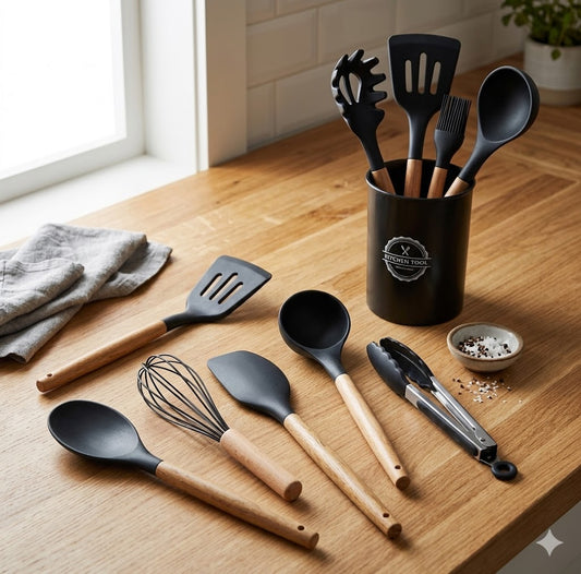 Set de 10 Utensilios de Cocina Lina con Soporte, Silicona Negra y Mango Madera