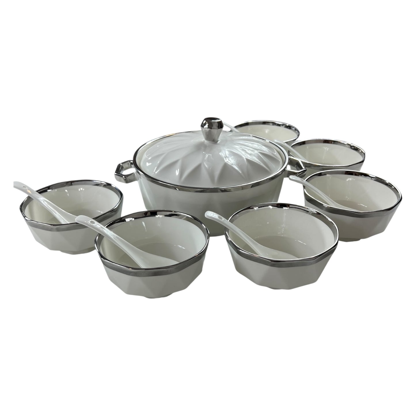 Conjunto de sopa BAVARY COLLECTION com 15 peças – Design de diamante com acabamento prateado