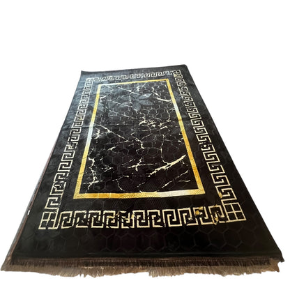 Alfombra Clásica Negra y detalles Dorados con Cenefa de Inspiración Oriental – Estilo Árabe