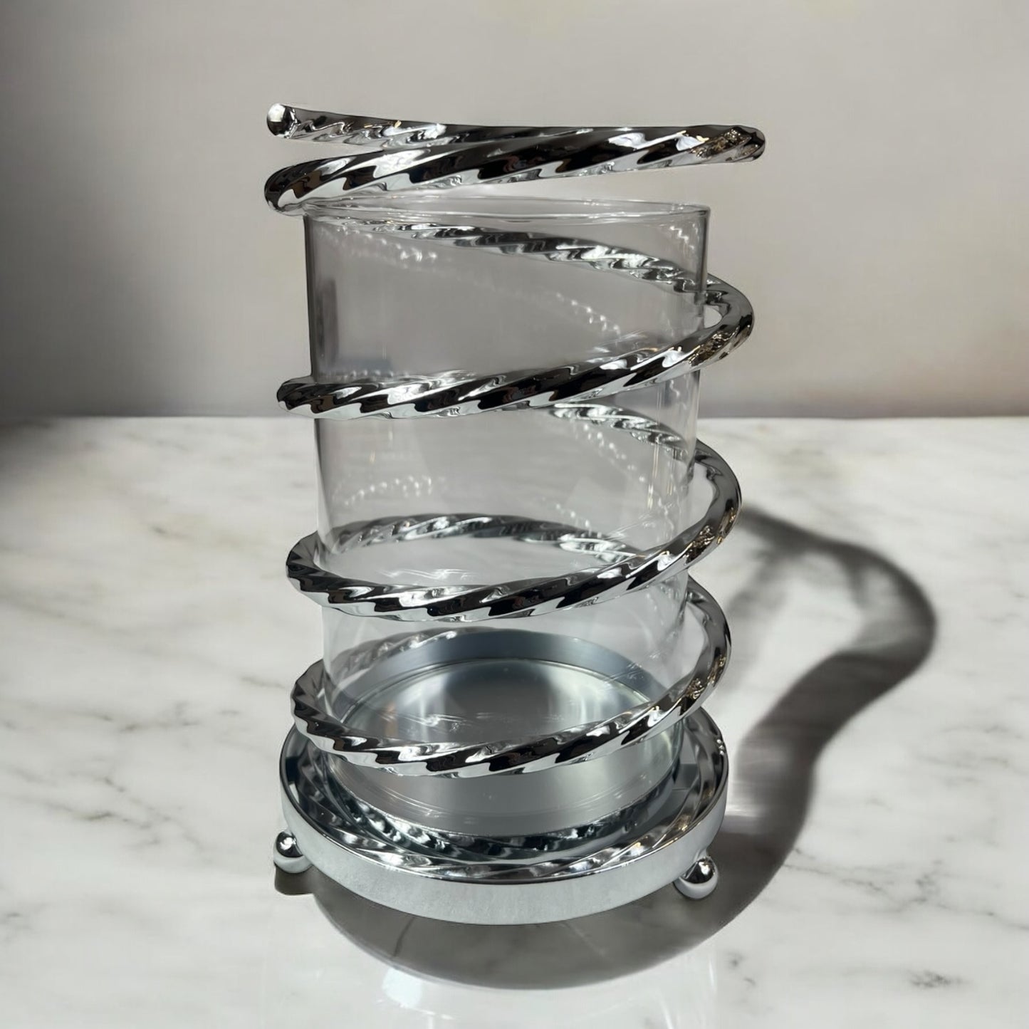 Porta-copos espiral de vidro prateado (modelo transparente)