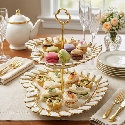 🍰 2-Tier Heart-Shaped Cake Stand – White Ceramic with Gold Trim 💛