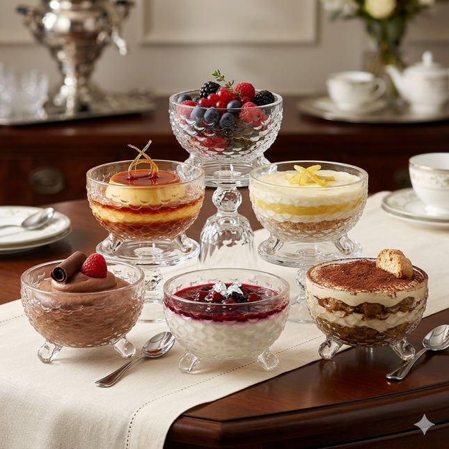 🍨 Taça de vidro com pés – Design vintage texturado | Ideal para sobremesas e aperitivos