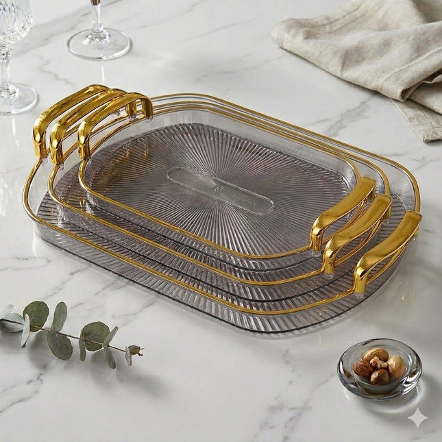 🍽️ Set of 3 Rectangular Plastic Trays with Gold Handles — Elegance and Versatility ✨ 
