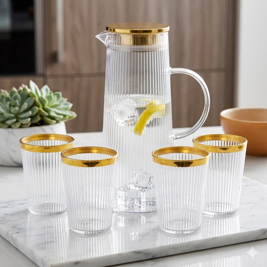 🥂 Conjunto de Jarro com 4 Copos de Plástico Transparente com Bordo Dourado — Estilo e Conveniência ✨
