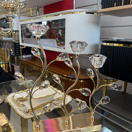 Candelabro Decorativo de Cristal y Metal Dorado — Diseño Floral Elegante para Centro de Mesa