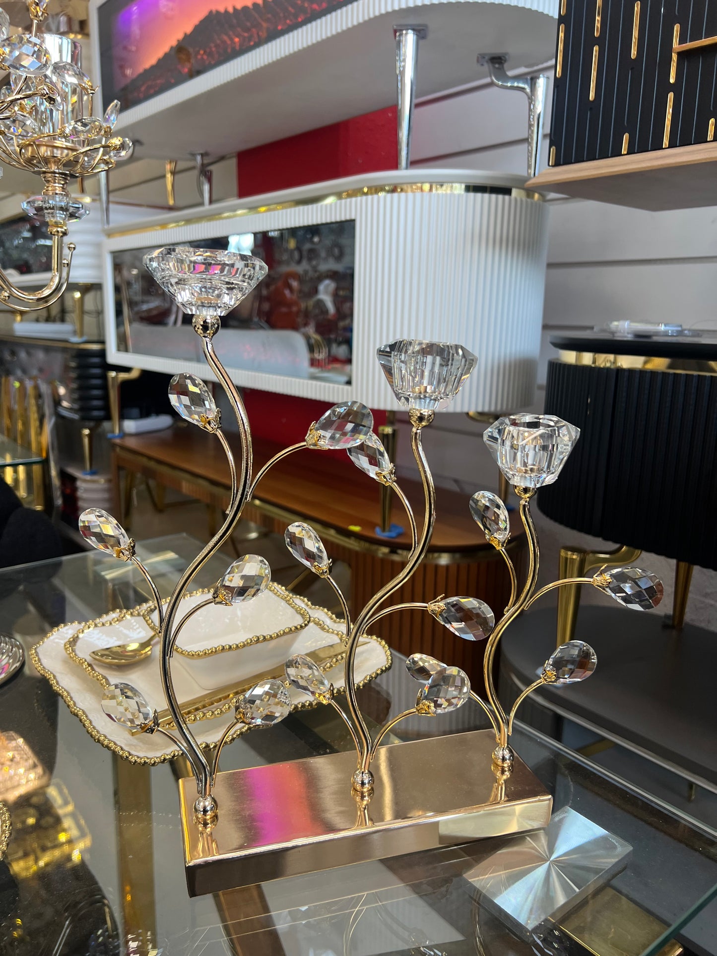 Árbol decorativo con ramas de cristal (base rectangular)