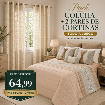 Pack SUZY Beige – Colcha + 2 Pares de Cortinas a Juego