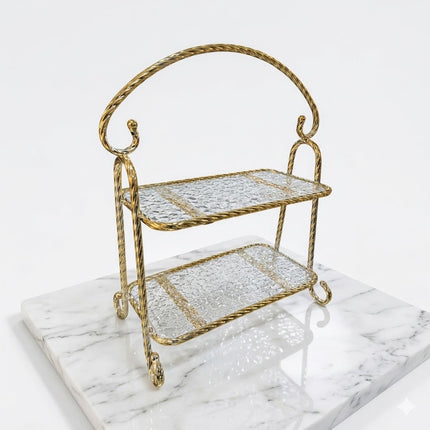 🏷 Tabuleiro decorativo de 2 andares com moldura dourada e vidro texturado – Estilo clássico e elegante