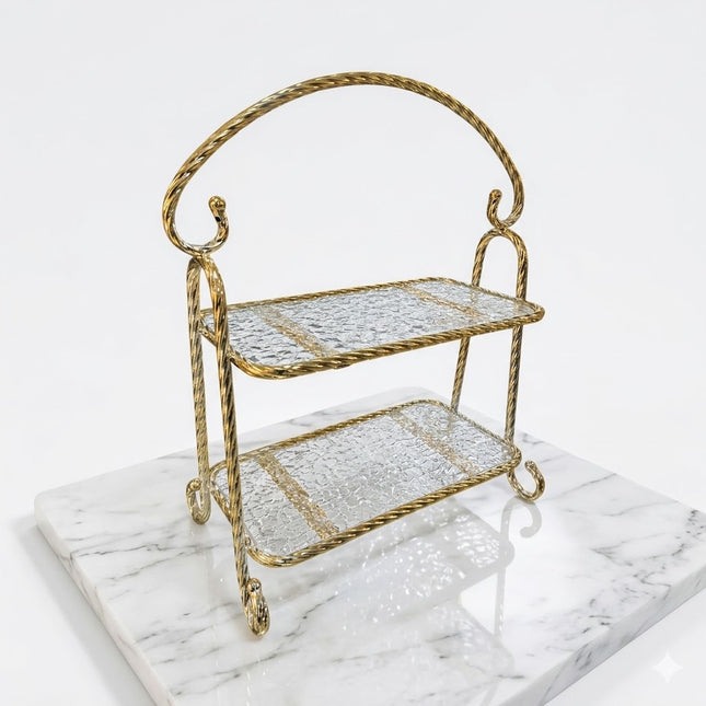 🏷 Tabuleiro decorativo de 2 andares com moldura dourada e vidro texturado – Estilo clássico e elegante