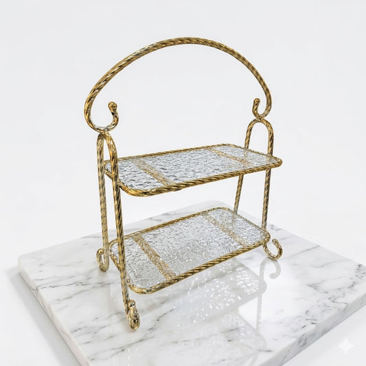 🏷 Tabuleiro decorativo de 2 andares com moldura dourada e vidro texturado – Estilo clássico e elegante