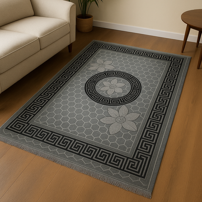 Tapete clássico cinzento com rebordo preto, de inspiração oriental – estilo árabe.