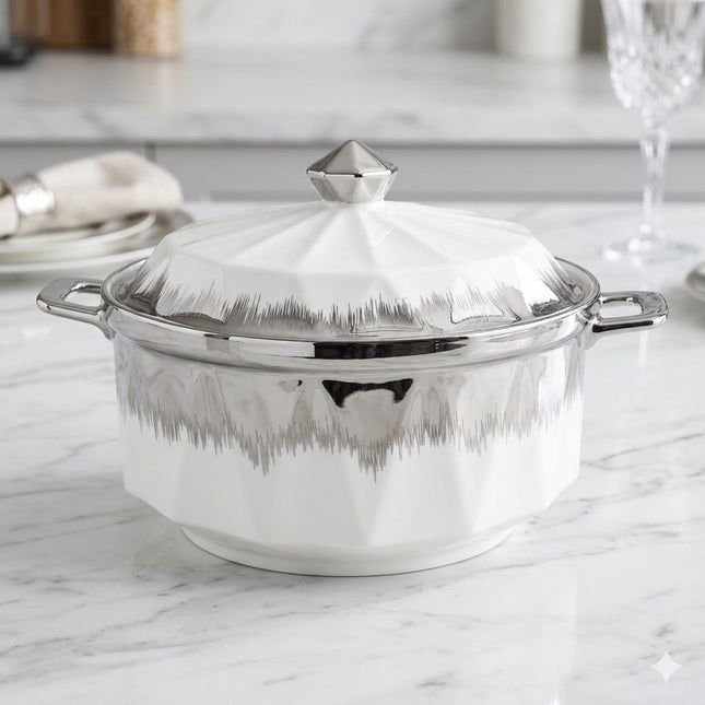 White Porcelain Casserole Dish with Lid and Silver Details 🍲✨ Modern and Elegant Design