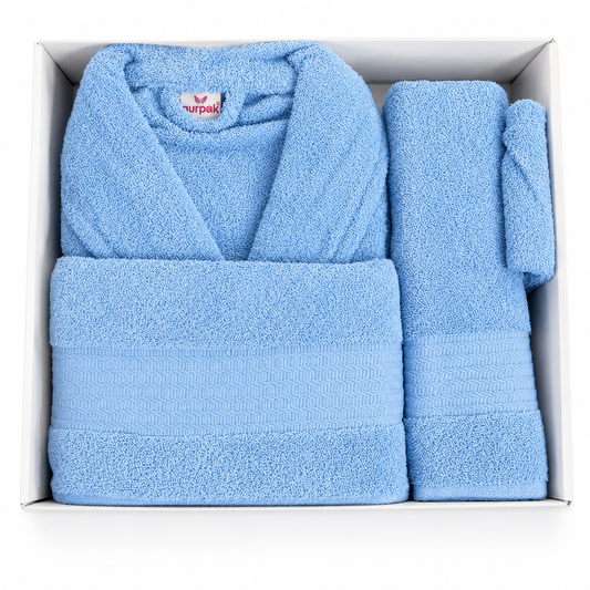Set Albornoz 4 Piezas Azul – Albornoz, Toalla y Manopla