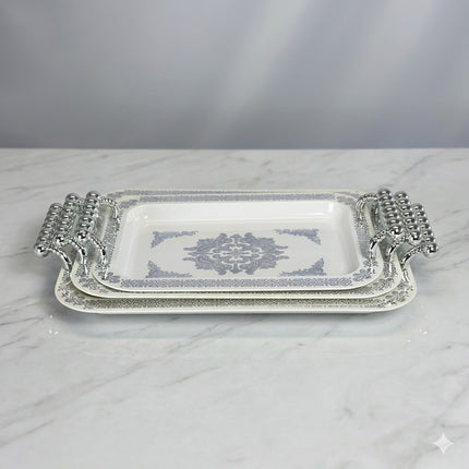 Set x3 Bandejas de Plástico con Asas Plateadas – Presentación Elegante