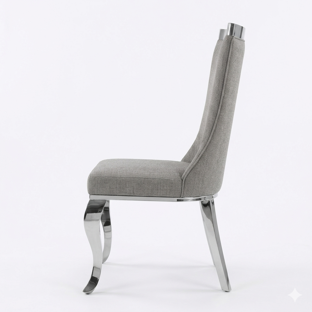 ✨ Silla MODELO NEFERTARI tapizada gris con acabado plateado– Elegancia moderna para tu hogar ✨