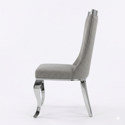 ✨ Silla MODELO NEFERTARI tapizada gris con acabado plateado– Elegancia moderna para tu hogar ✨