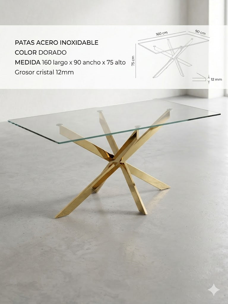 Mesa de Comedor de Diseño Contemporáneo - Cristal y Dorado 160x90x75 Alta calidad