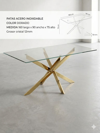 Mesa de Comedor de Diseño Contemporáneo - Cristal y Dorado 160x90x75 Alta calidad