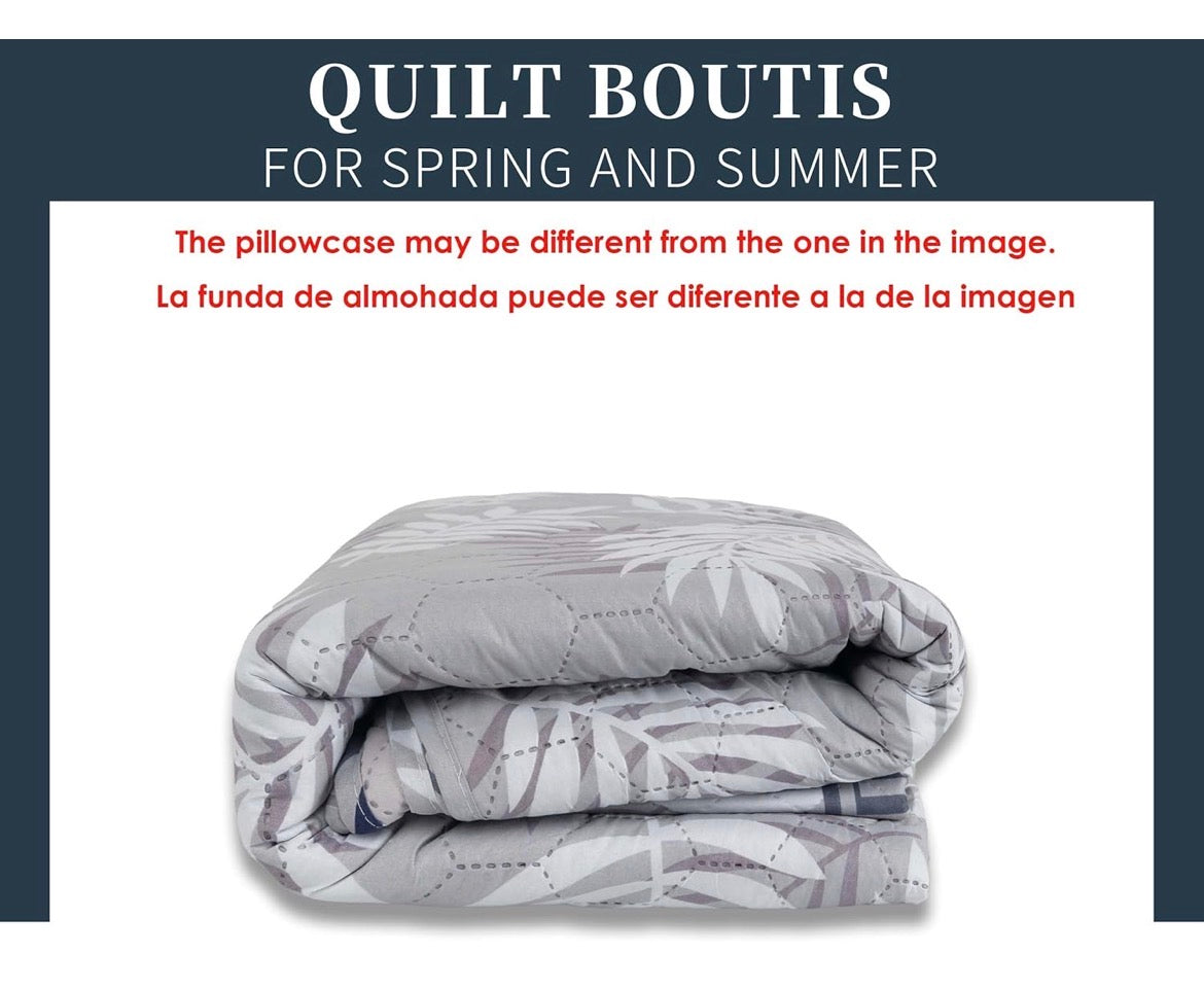 Colcha Boutis para Primavera y Verano Bicolor Reversible Liso - COLOR HOJAS GRIS