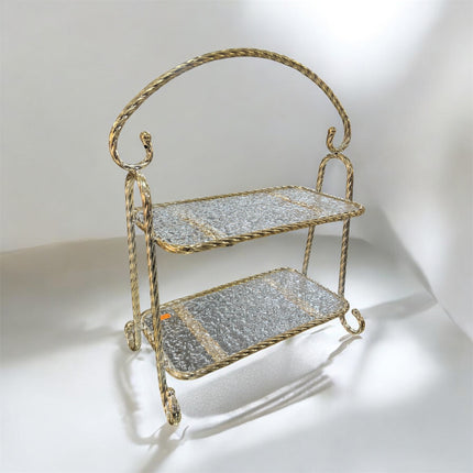 🏷 Tabuleiro decorativo de 2 andares com moldura dourada e vidro texturado – Estilo clássico e elegante