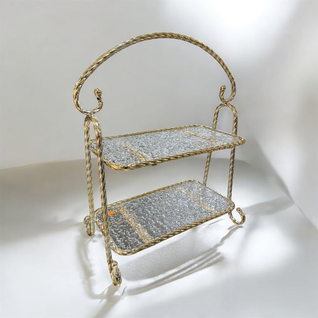 🏷 Tabuleiro decorativo de 2 andares com moldura dourada e vidro texturado – Estilo clássico e elegante