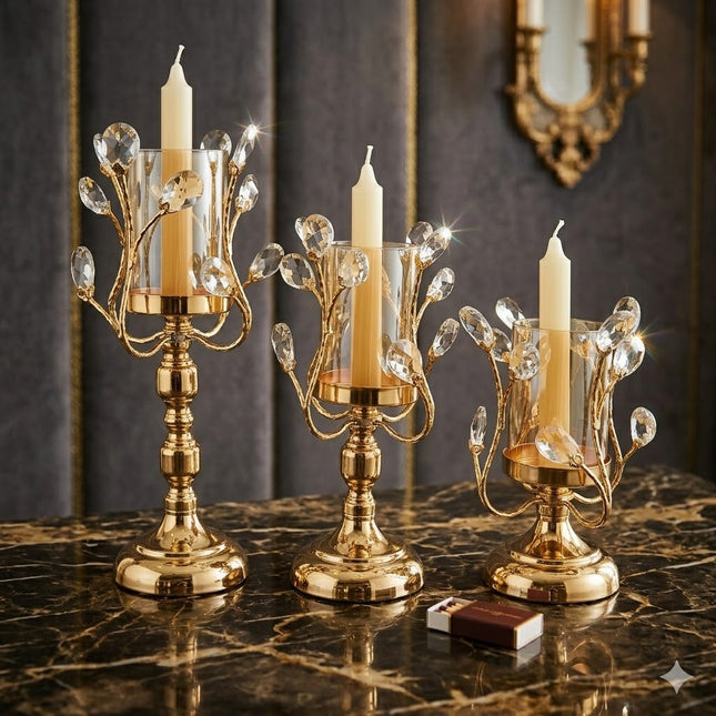 🕯️ Candelabros decorativos dorados con pétalos de vidrio – Set de 3 tamaños