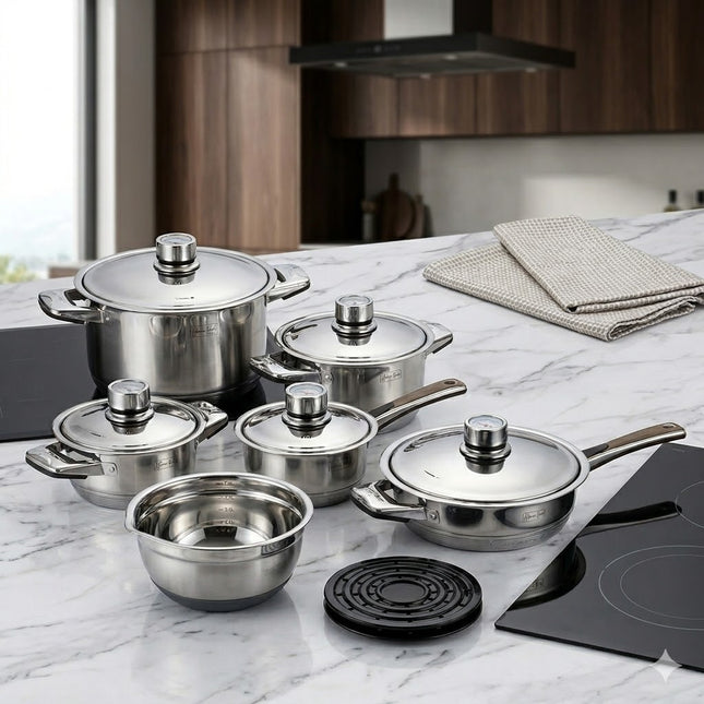 🥘 Batería de Cocina Premium de Acero Inoxidable con Control de Temperatura – 9 Piezas