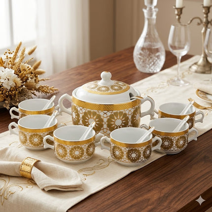Sopera de Porcelana Blanca con Detalles Dorados y 6 Cuencos con Cucharas -2,7L– Estilo Árabe Clásico