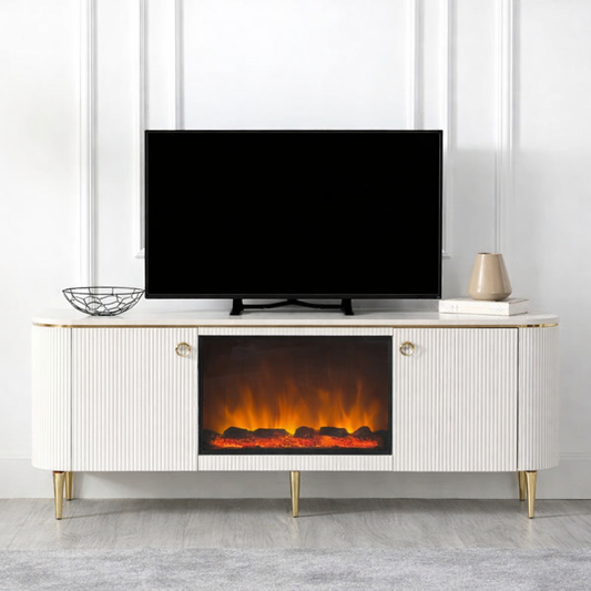 Mesa de TV con chimenea digital - BLANCO CON PANTALLA GRANDE