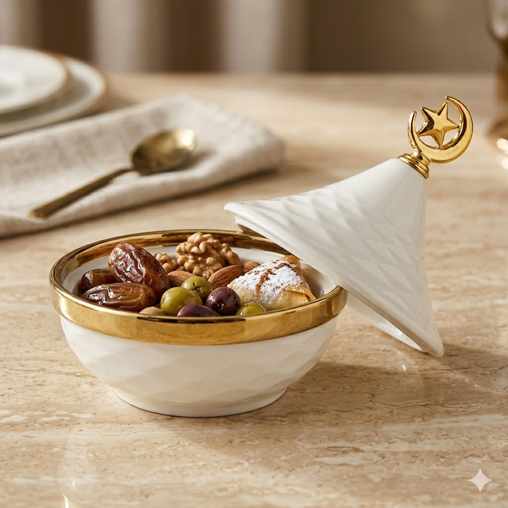 Mini Tajine Decorativo Blanco con Borde Dorado y Luna - 12,5cm 🌙✨