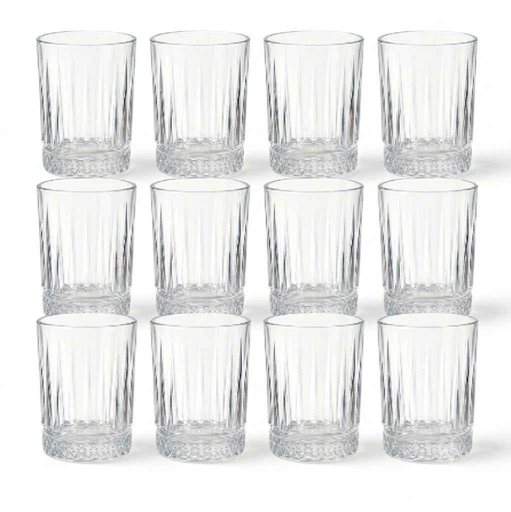 Pack 12 Vasos de Cristal | Diseño Clásico Tallado | Vasos Resistentes para Agua, Té y Refrescos