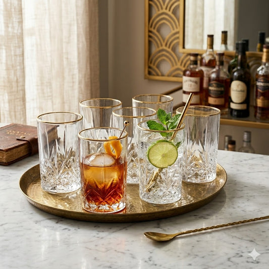 Set de 6 Vasos de Cristal Tallado con Borde Dorado